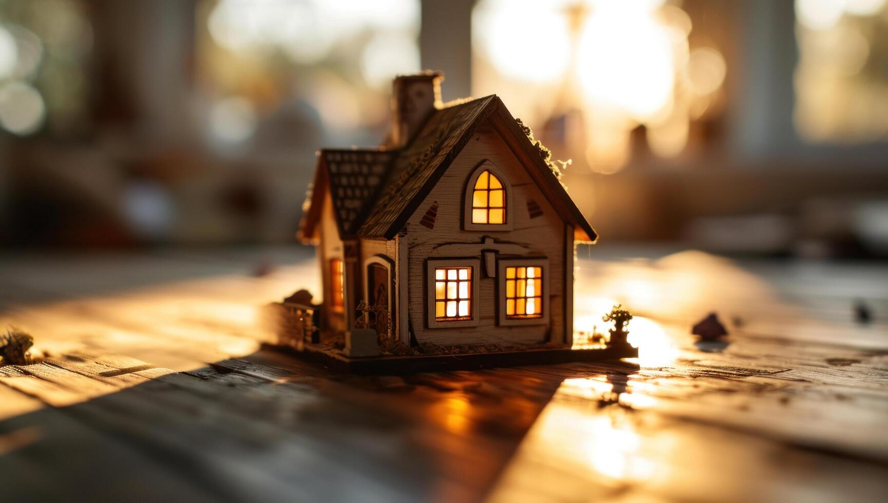 ai generiert ein Haus Miniatur ist auf ein hölzern Tabelle foto