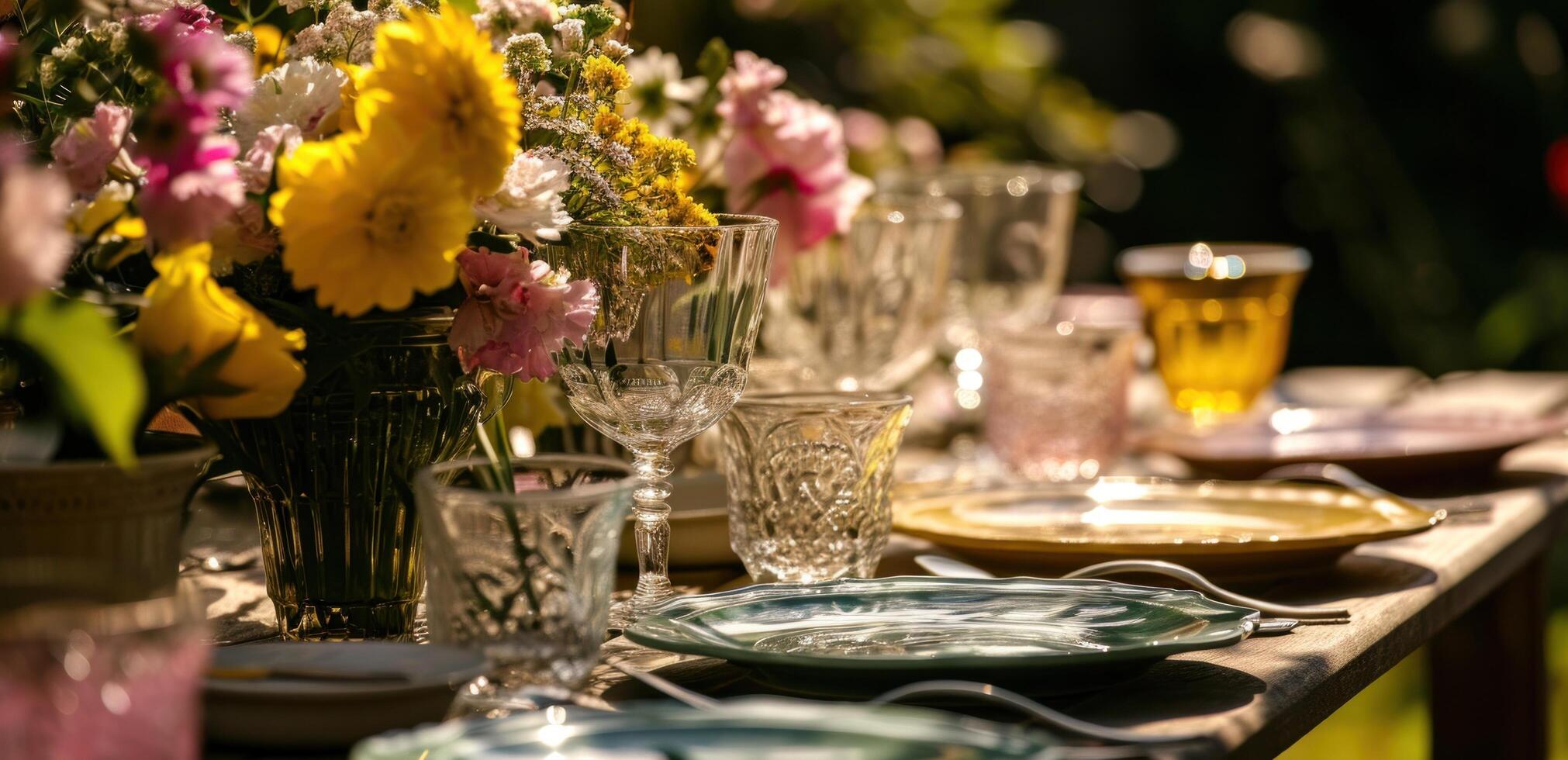 ai generiert ein Tabelle einstellen oben mit Brille und Blumen foto