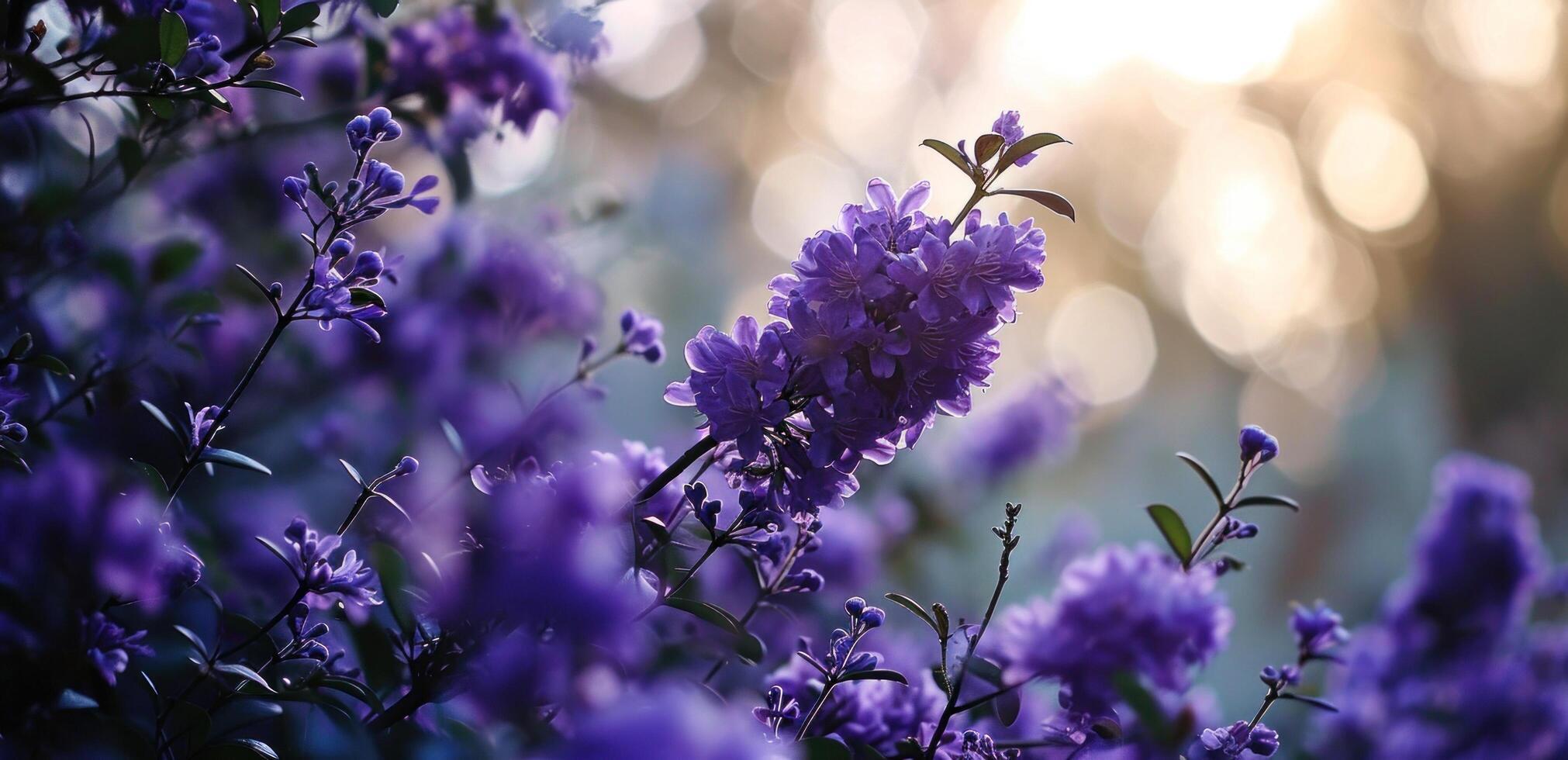 ai generiert ein Bild von lila Blumen mit ein verschwommen Hintergrund und Baum branche foto