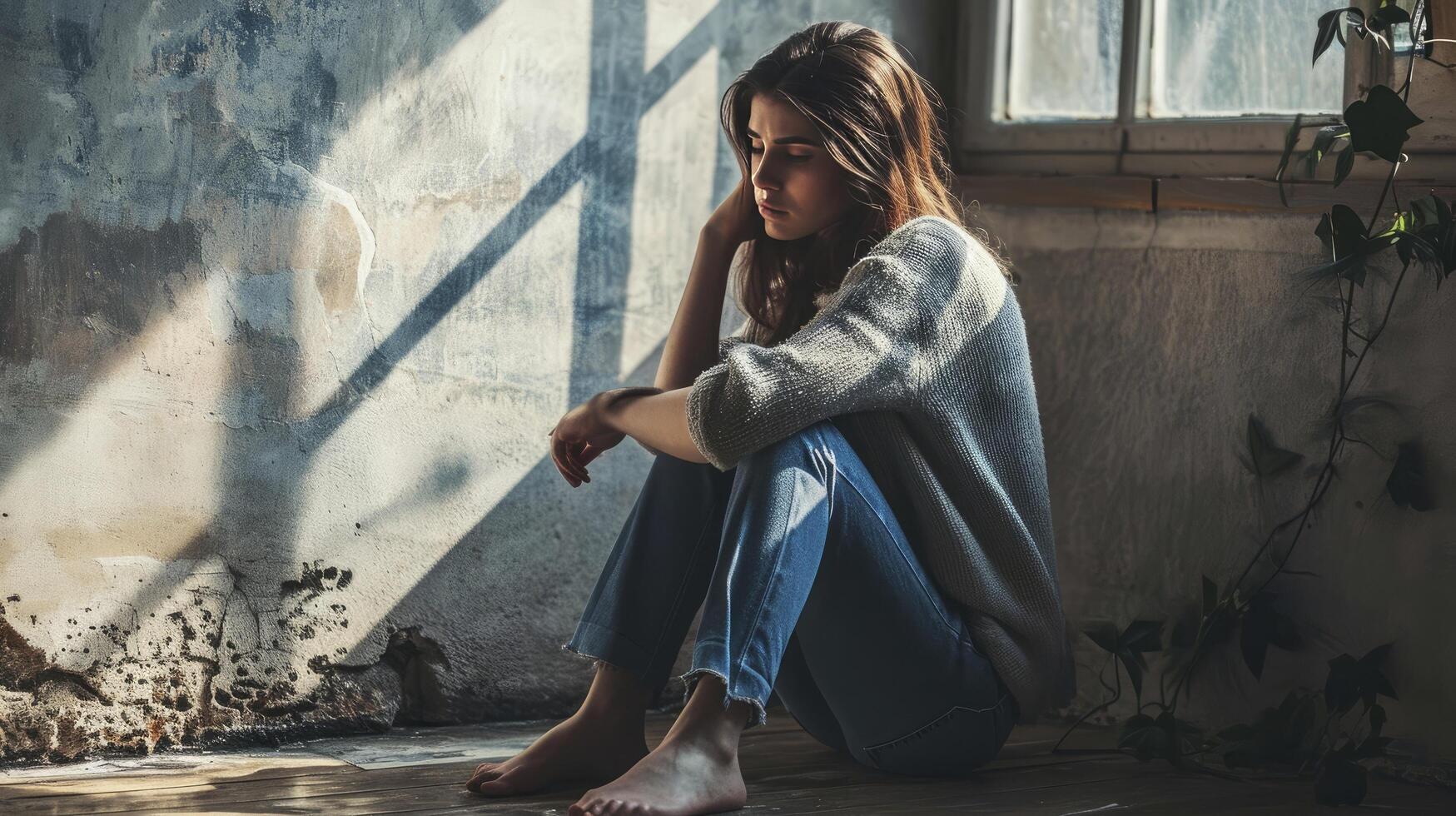 ai generiert Frauen Sitzung auf das Fußboden mit Depression, Familie Probleme, inländisch Gewalt, halt Gewalt und Missbrauch ,sexuell Missbrauch, Mensch Handel, vergewaltigen, das Konzept von Depression und Selbstmord foto