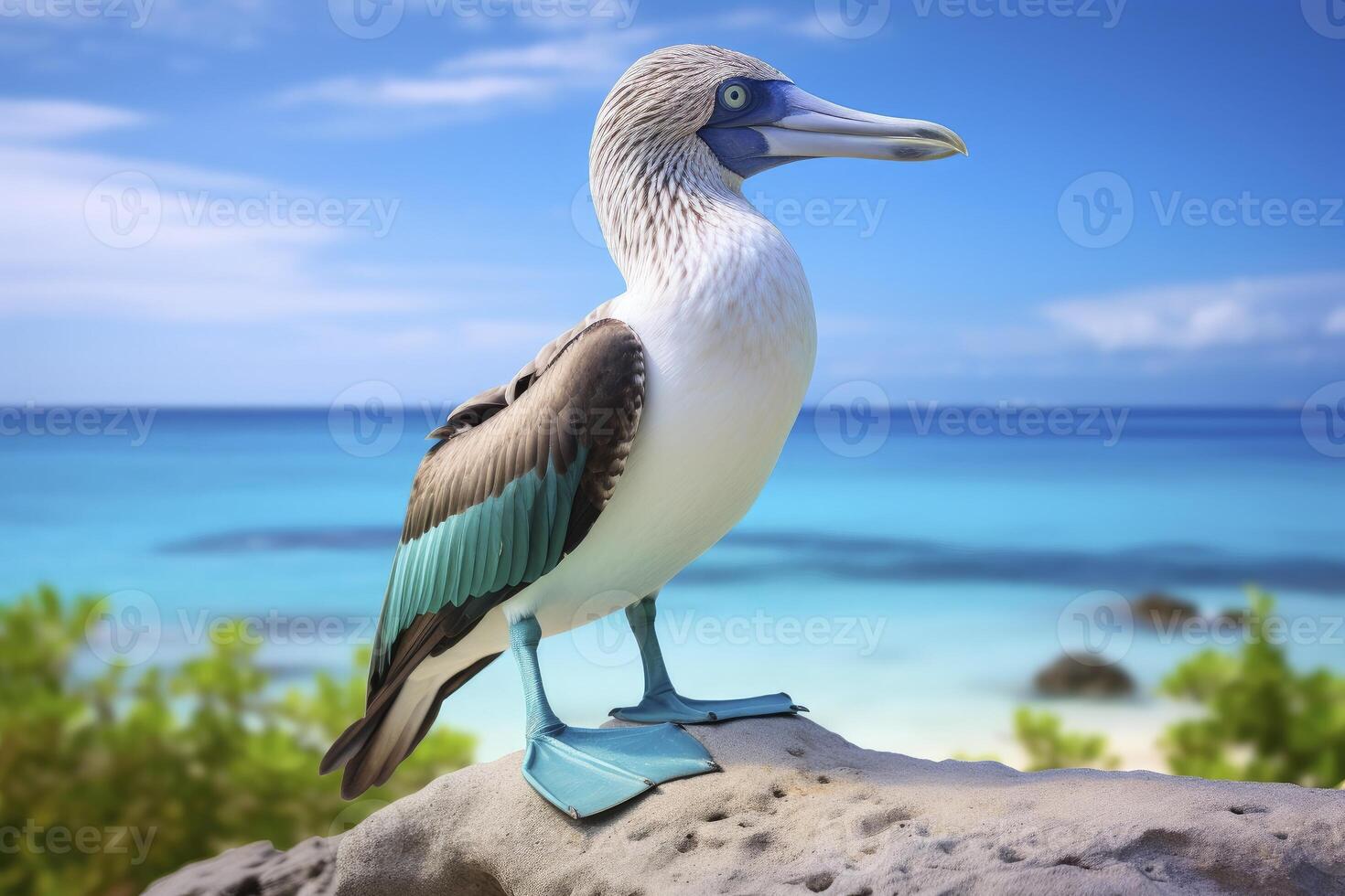 ai generiert das Selten Blaufuß Tölpel ruht auf das Strand. ai generiert foto