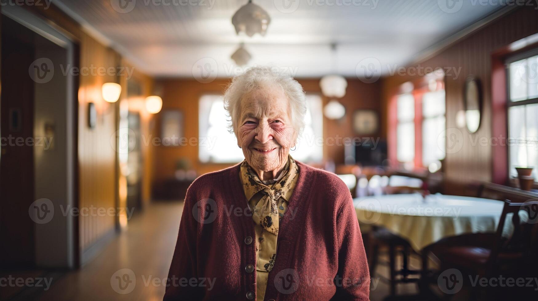 ai generiert Alten Oma lächelnd beim Pensionierung Zuhause - - generiert mit ai foto