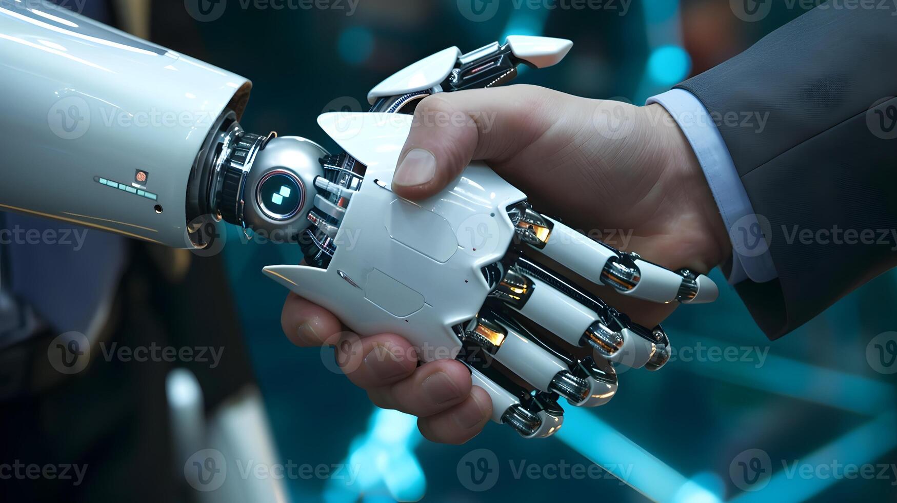 ai generiert futuristisch Roboter zittern Hände im Zusammenarbeit mit Mensch foto
