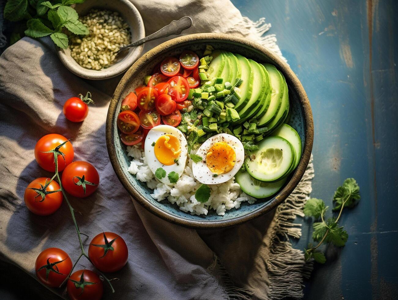 ai generiert Lachs Sack Schüssel Avocado Kirsche Ei und Reis auf dunkel Hintergrund mit Essstäbchen foto