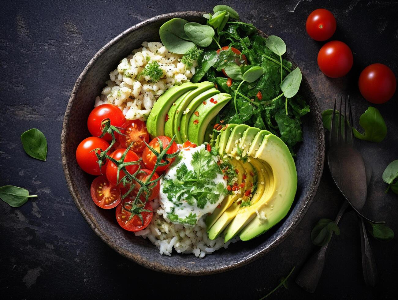 ai generiert Lachs Sack Schüssel Avocado Kirsche Ei und Reis auf dunkel Hintergrund mit Essstäbchen foto