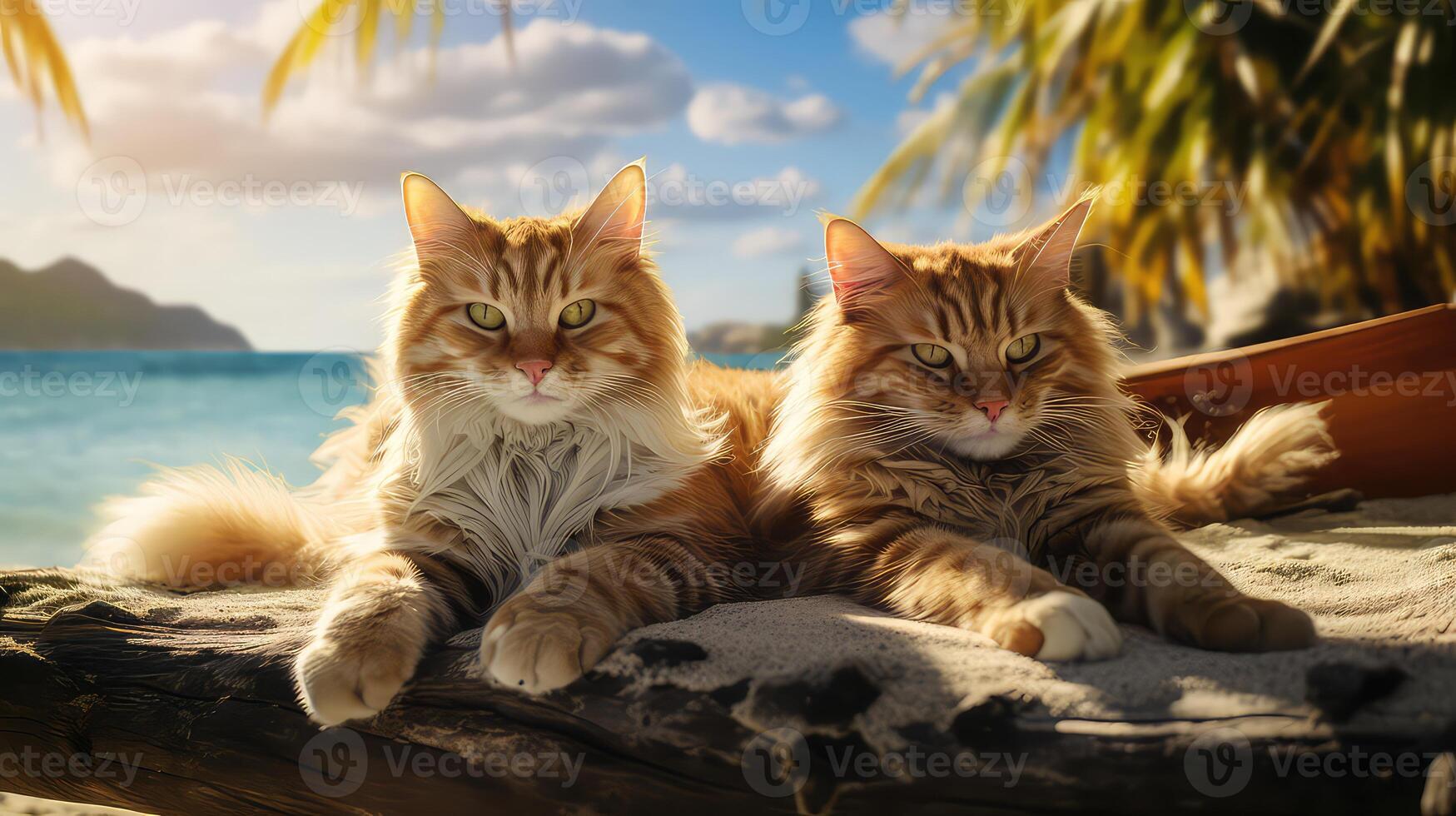 ai generiert Gruppe von Katzen Sitzung auf das Sand beim das Strand im sonnig Tag foto