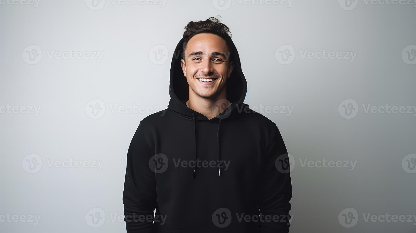 ai generiert gut aussehend Mann im schwarz Sweatshirt Lachen auf ein Weiß Hintergrund foto