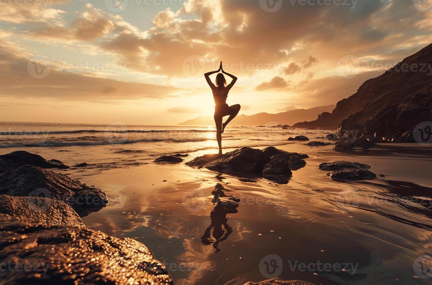 ai generiert Yoga Frau meditieren auf das Strand beim Sonnenuntergang. gesund Lebensstil foto