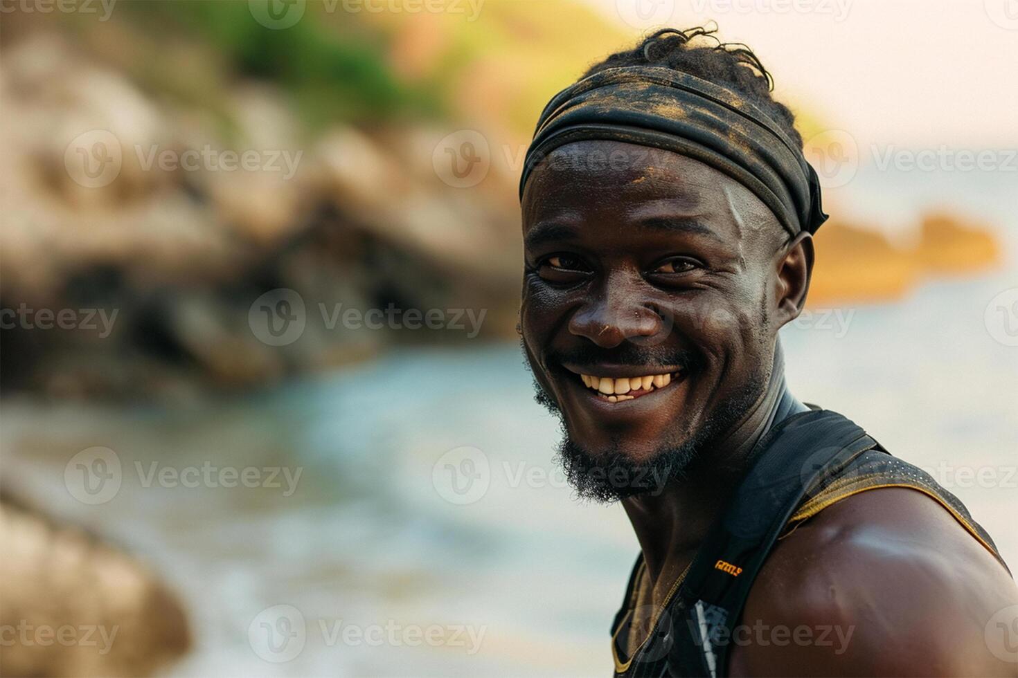 ai generiert Porträt von glücklich afrikanisch amerikanisch Mann lächelnd und suchen beim Kamera während Stehen auf Strand beim Sonne foto