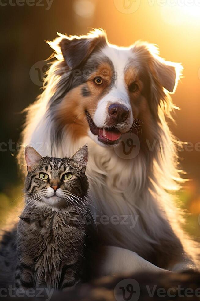 ai generiert Porträt von Katze und Hund glücklich freunde Sitzung zusammen. Haustiere Freundschaft foto