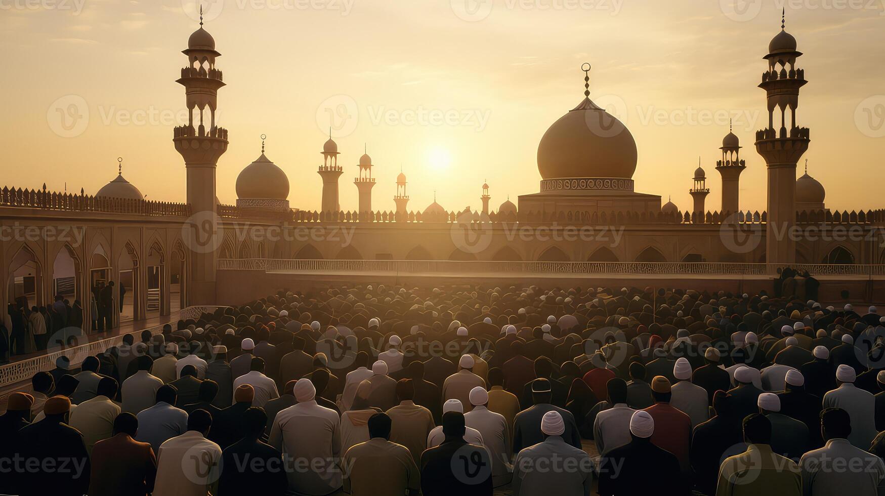 ai generiert Muslime mans beten im Moschee zurück Aussicht foto