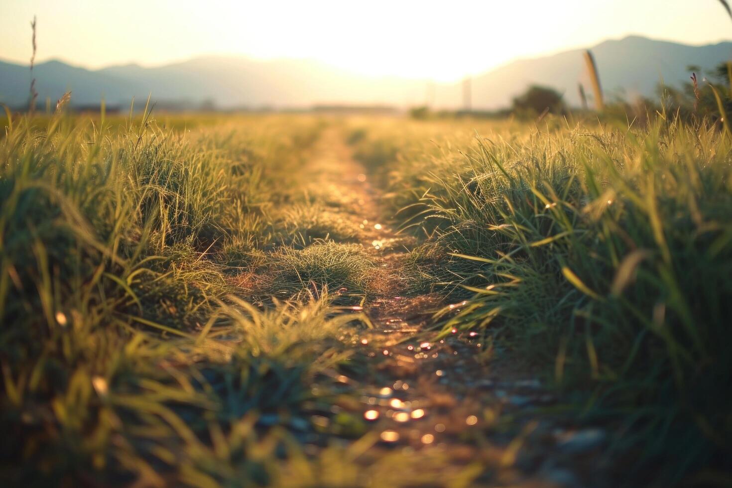 ai generiert Licht Pfad über das Gras Landschaft beim Sonnenuntergang Licht foto