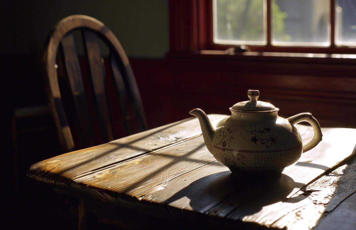 ai generiert Teekanne Über ein Tabelle im das Sonnenlicht foto