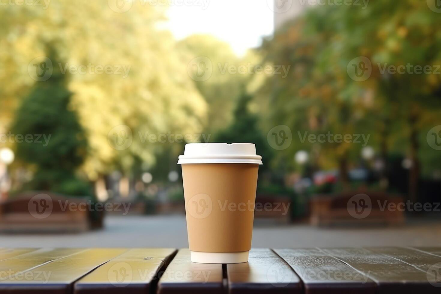 ai generiert wegbringen Karton Kaffee Tasse mit Plastik Deckel draußen, Raum zum Text foto