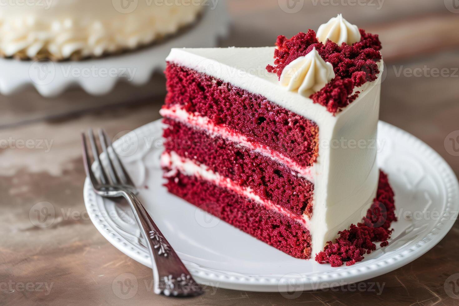 ai generiert Scheibe von rot Samt Kuchen auf Weiß Teller foto