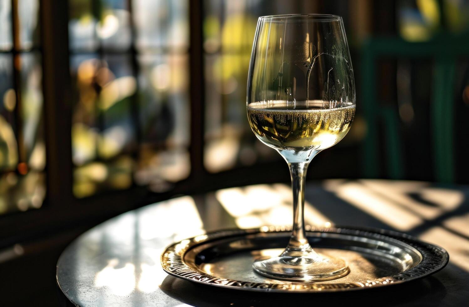 ai generiert ein Glas von Weiß Wein auf ein Metall Teller durch ein Fenster foto