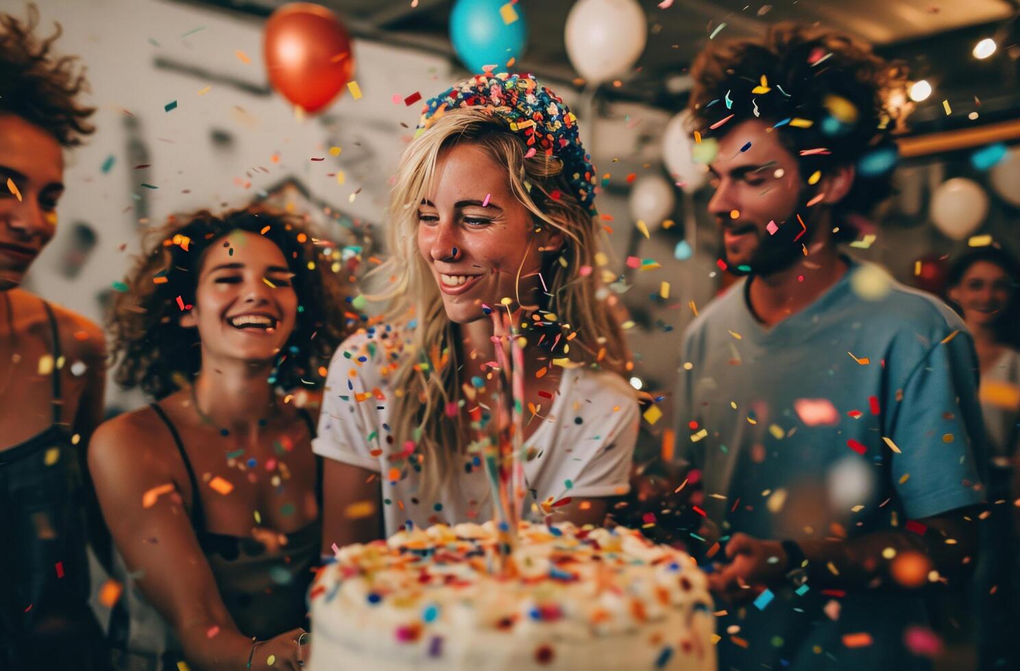 ai generiert ein Gruppe von Menschen feiern ein Geburtstag foto