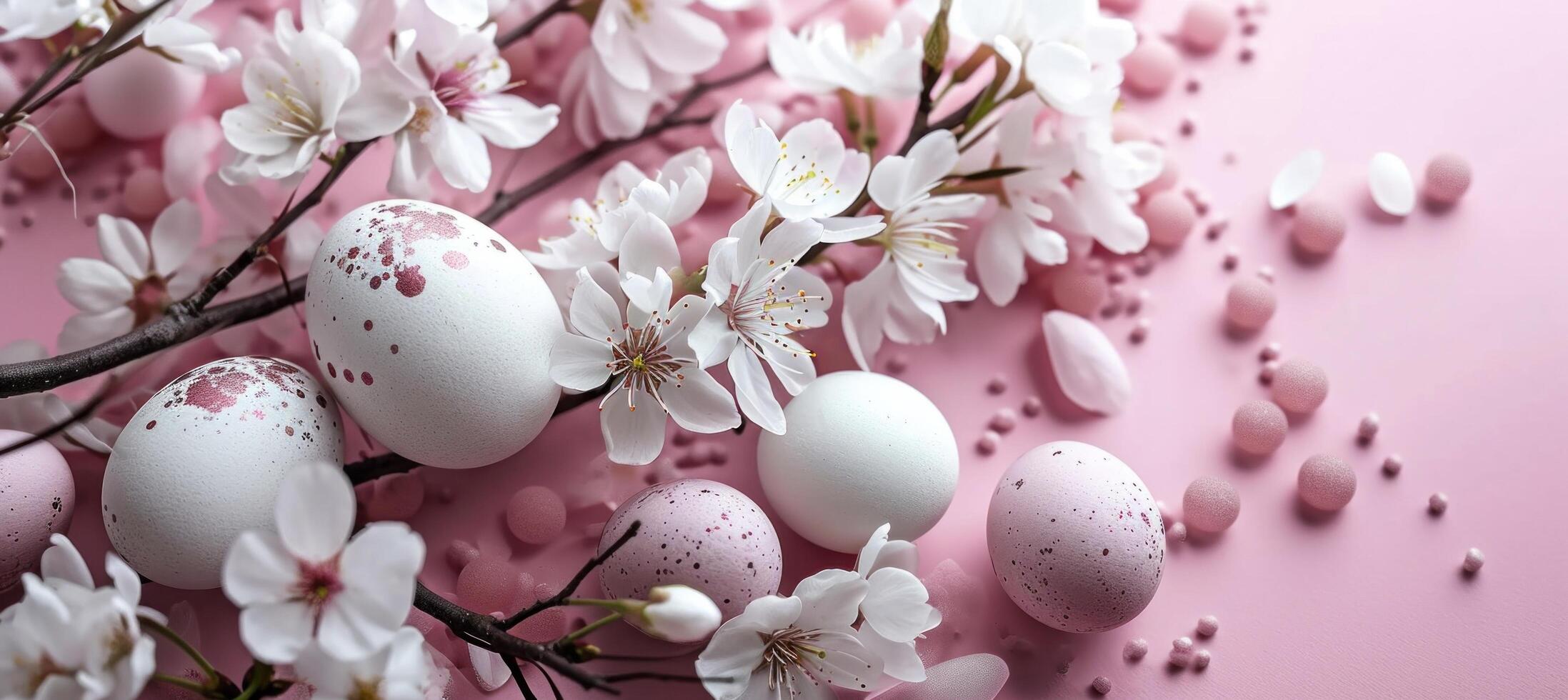 ai generiert ein Kirsche Baum und Weiß Rosa Eier auf ein Rosa Hintergrund foto