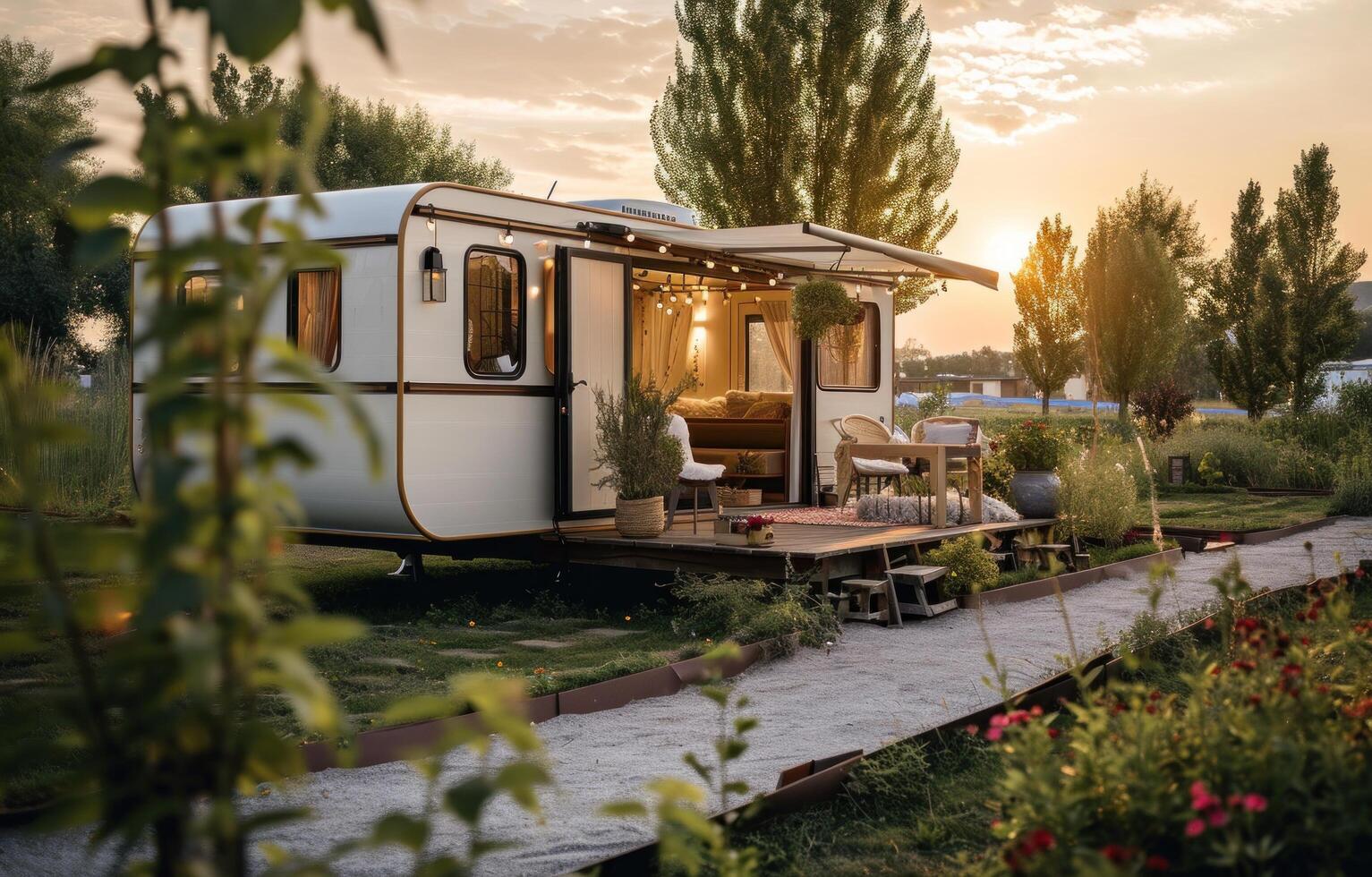 ai generiert ein Wohnung Anhänger gelegen draußen im ein Park, im das Stil von naturalistisch Charme foto