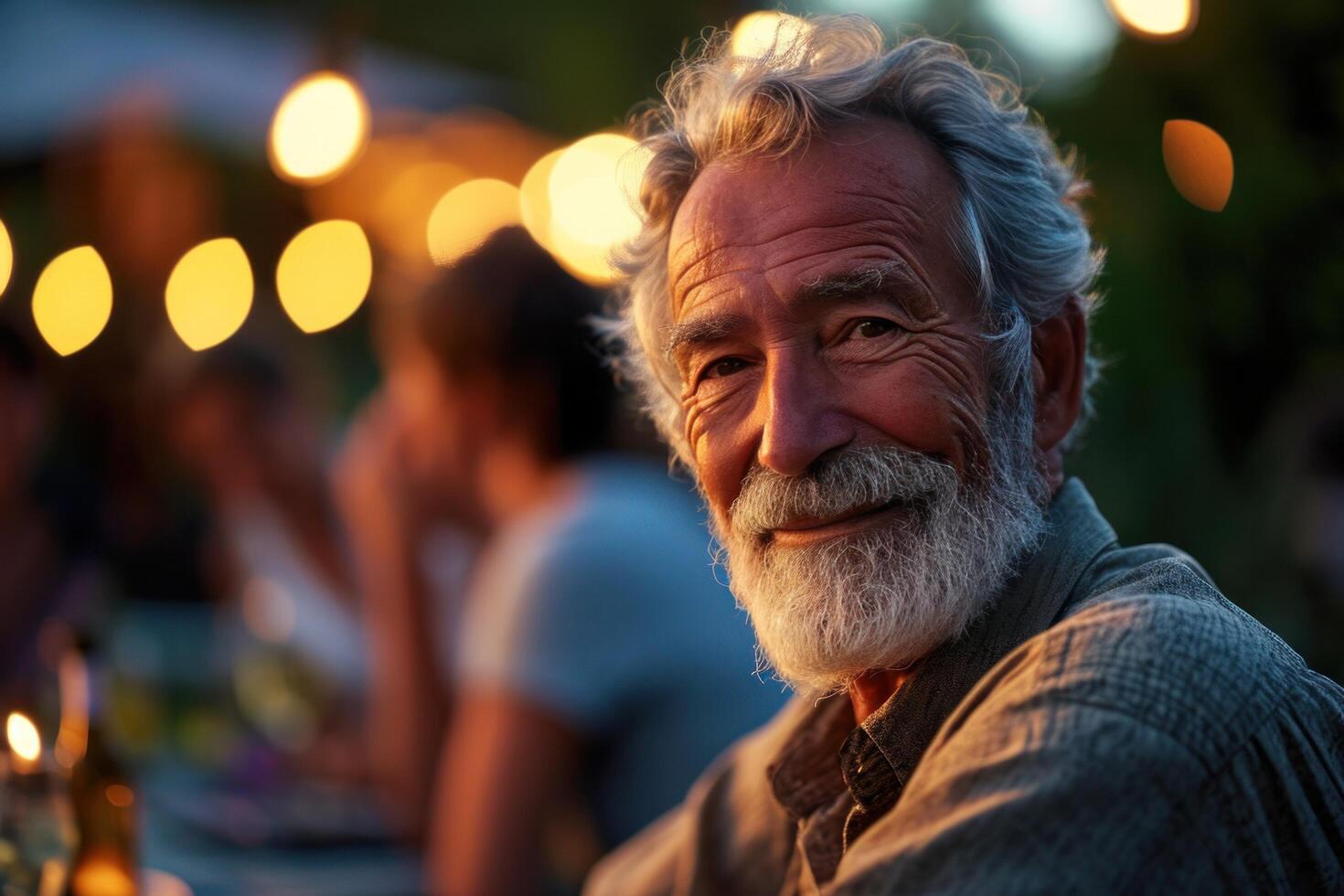 ai generiert ein Senior Mann im ein am Pool Hinterhof Grill draussen Party. foto