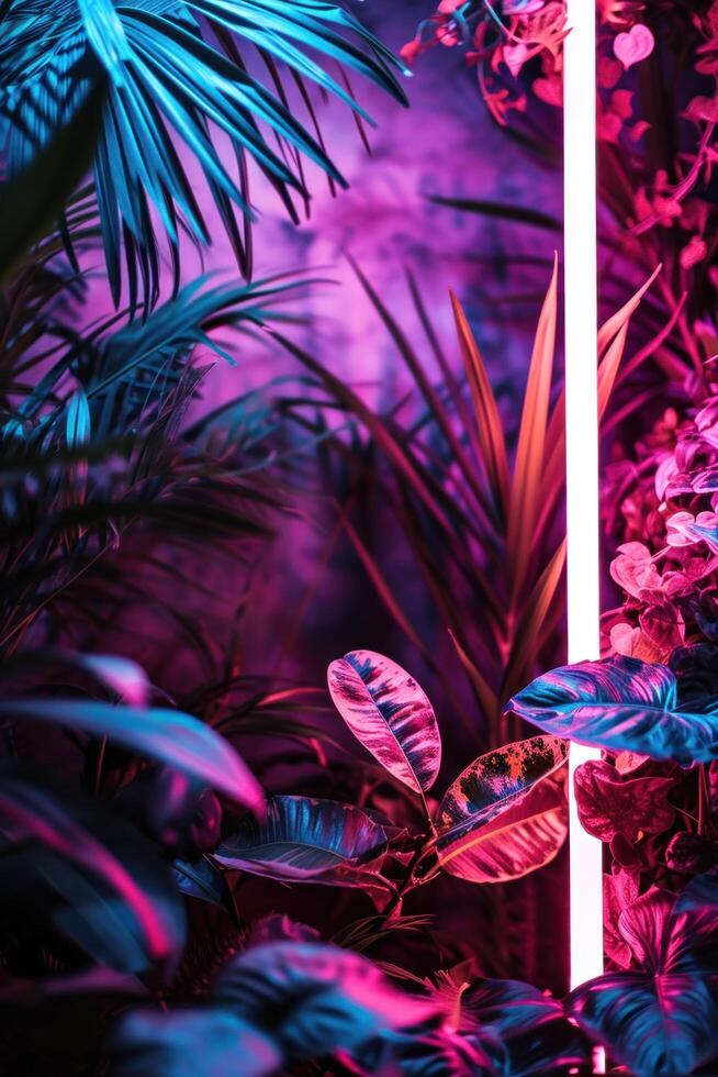 ai generiert hell Neon- Rahmen mit tropisch Pflanzen, Blätter und Blumen foto