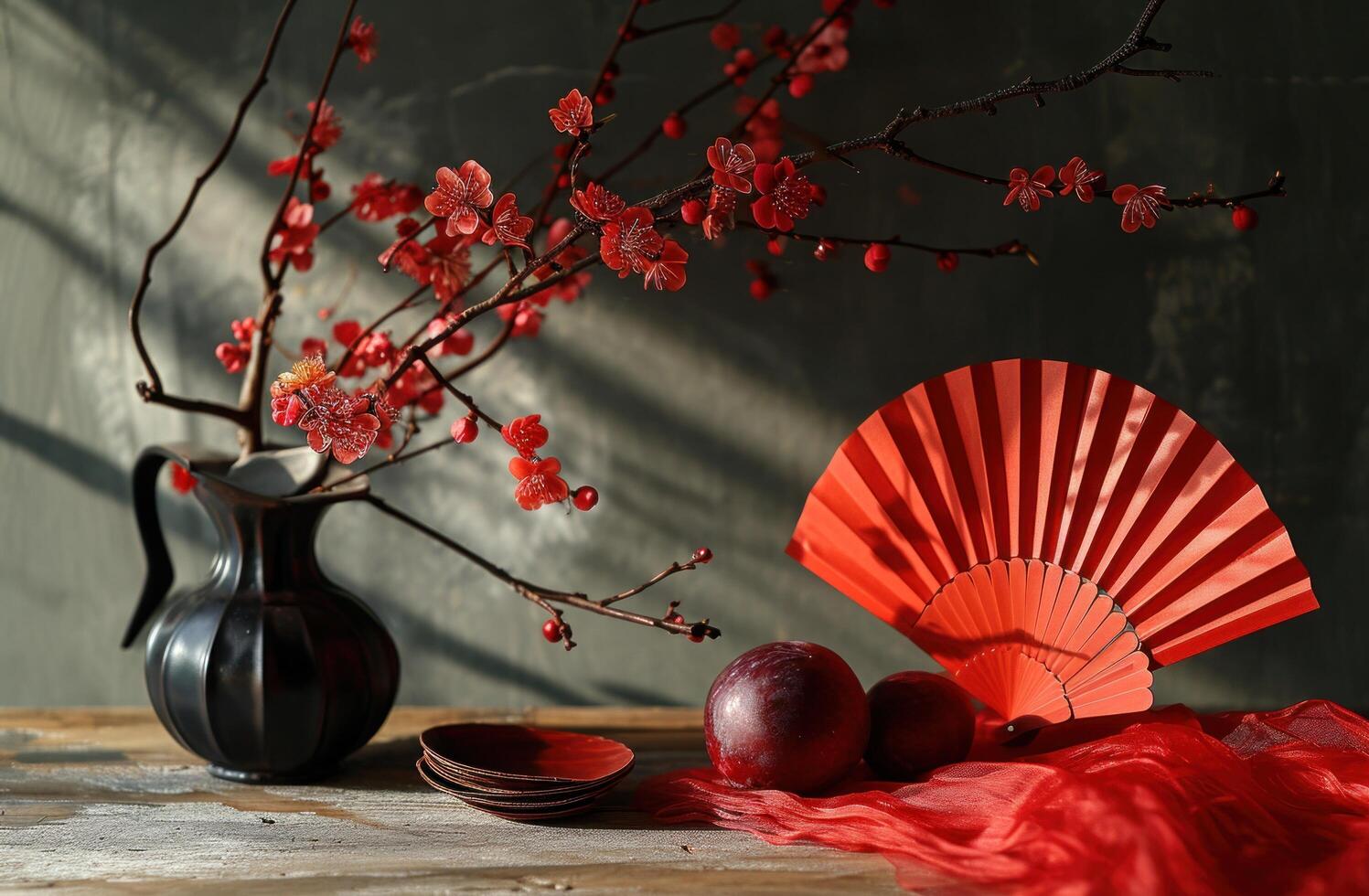 ai generiert Frühling Festival rot Papier Blume Ventilator mit frisch Pflaume. foto