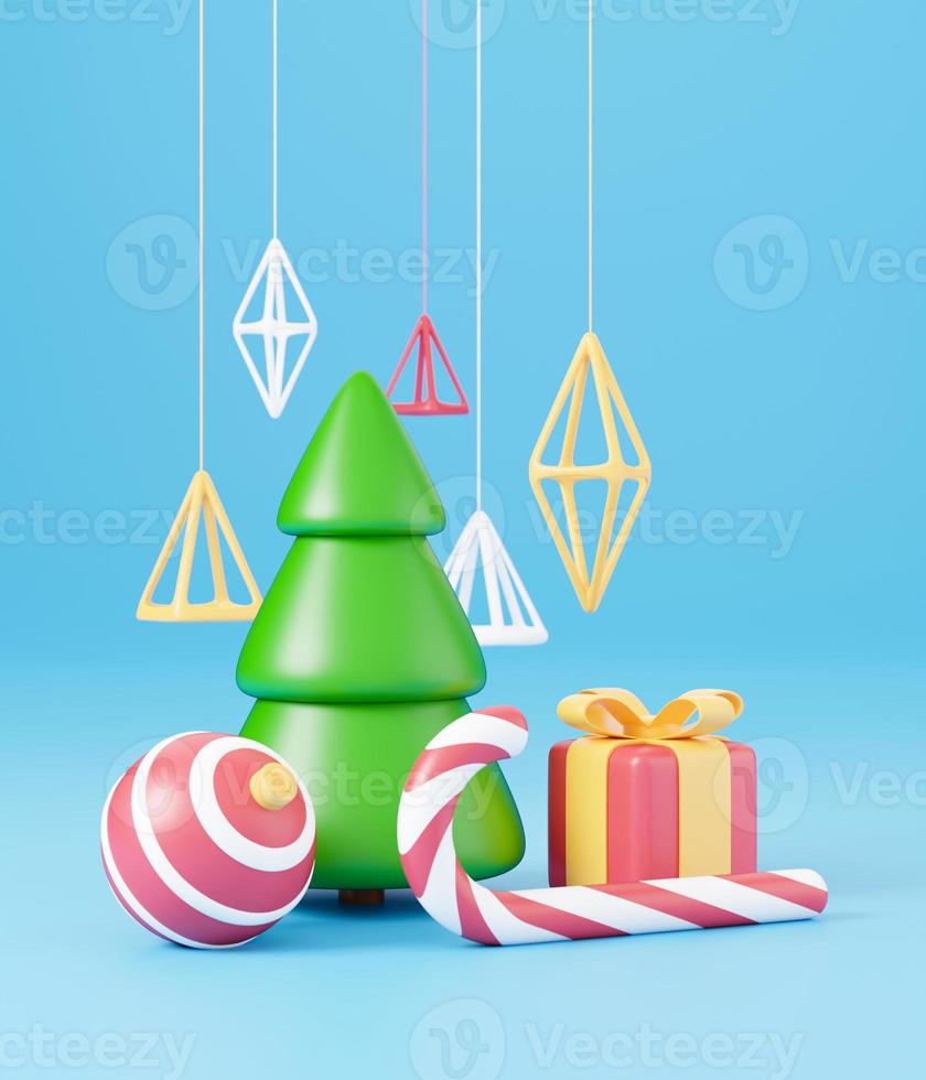 neues Jahr und Weihnachten 3D-Design. realistische Geschenkbox, Weihnachtstannenbaum, Ball, Süßigkeiten und dekorative Elemente. 3D-Renderbild von Weihnachtsferien foto