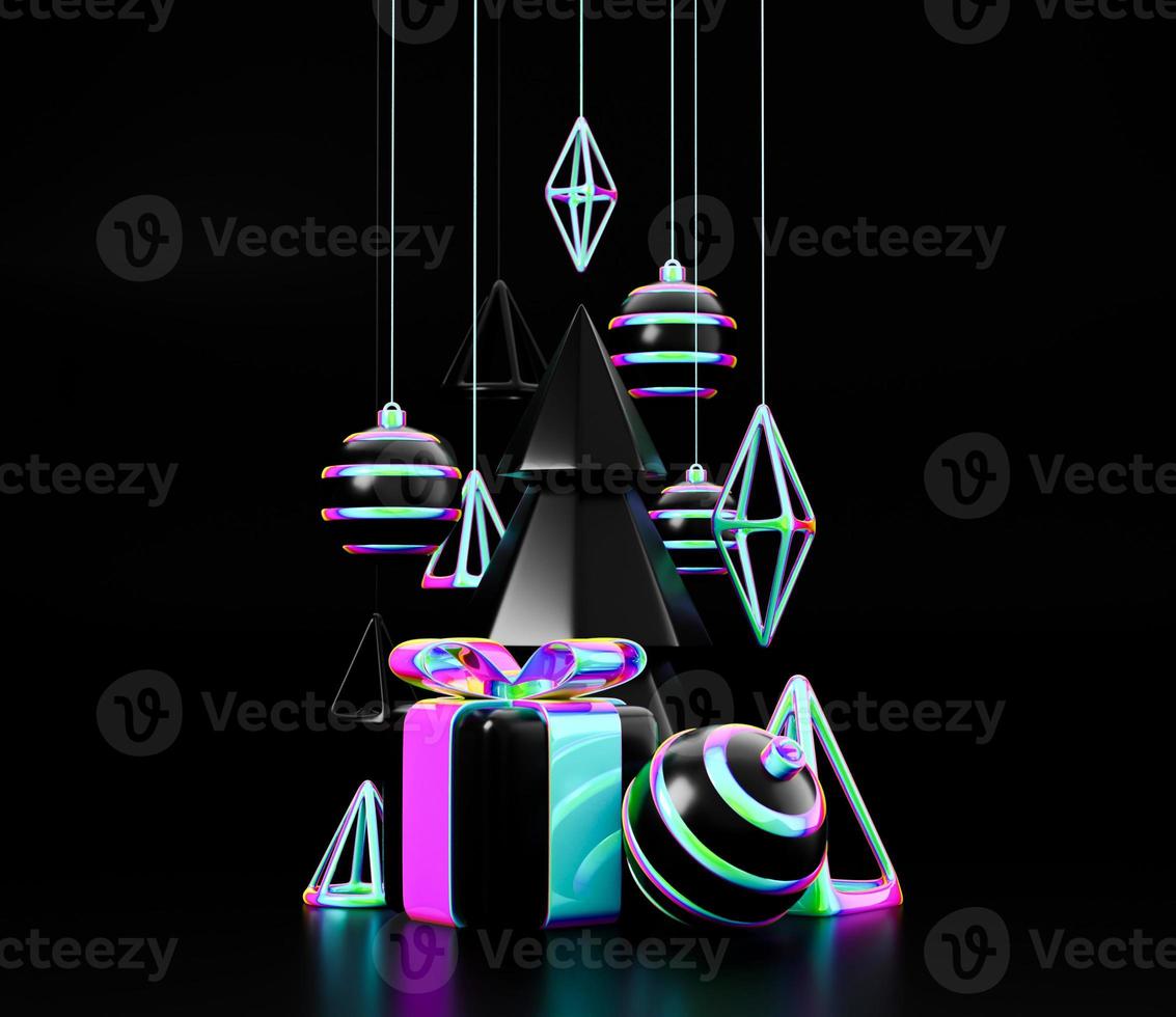 Frohe Weihnachten und guten Rutsch ins neue Jahr holographisches Element 3D-Rendering-Konzept. Weihnachtseleganz schillerndes und holografisches trendiges Design Weihnachtskiefer Tanne für Grußkarten, Banner-Plakate oder Poster foto