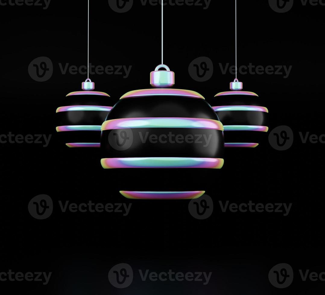 Frohe Weihnachten und guten Rutsch ins neue Jahr holographische Kugel auf schwarzem Hintergrund. 3D-Rendering des glänzenden weißen Weihnachtsballs in holografischem Neonlicht, das isoliert hängt foto