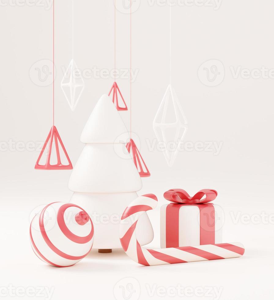 Weihnachtsbaum 3d mit roter Geschenkbox und weißem Hintergrund der Kugel, Weihnachtsplakat, Netzfahne. 3D-Render-Illustration minimalistisches Weihnachts- und Neujahrskonzept foto