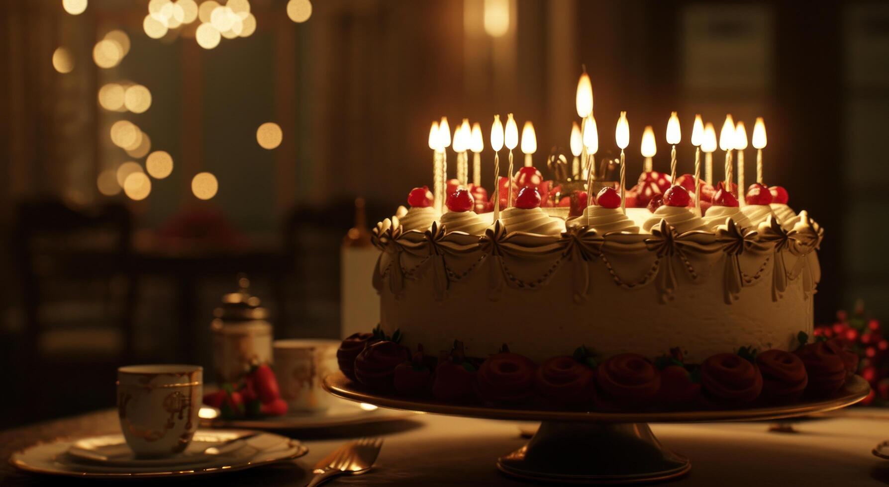 ai generiert ein groß Geburtstag Kuchen mit mehrere Kerzen Sitzung Nieder auf ein Tabelle foto