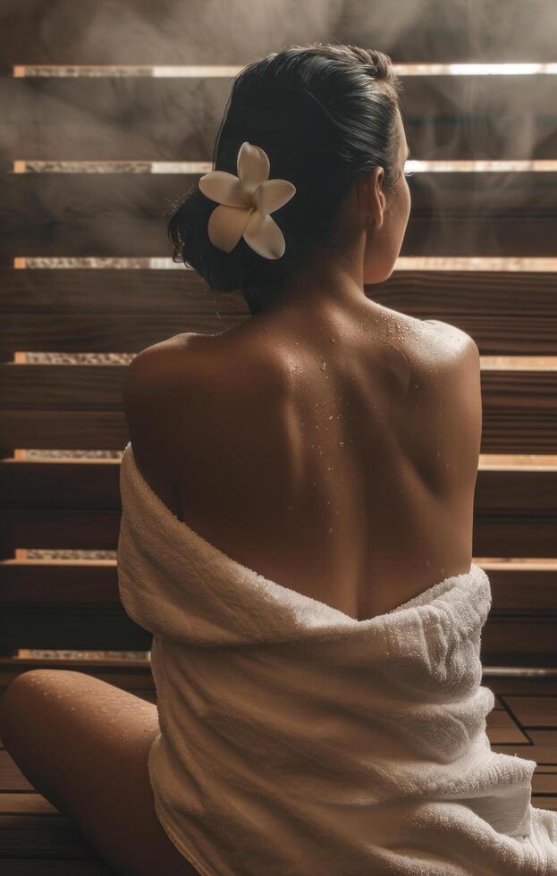 ai generiert schön Schönheit Frau Sitzung im das Sauna, mit ein Handtuch Über ihr zurück foto