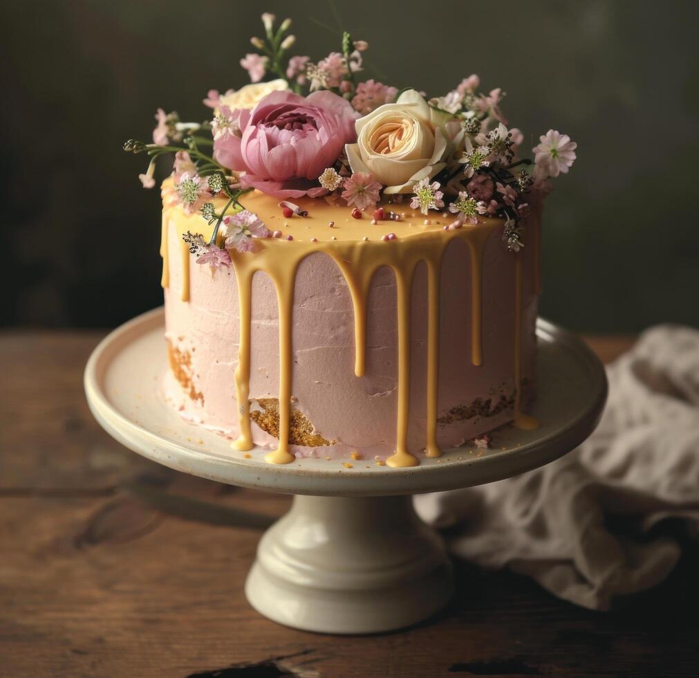 ai generiert ein elegant Rosa Kuchen mit Blumen auf oben foto