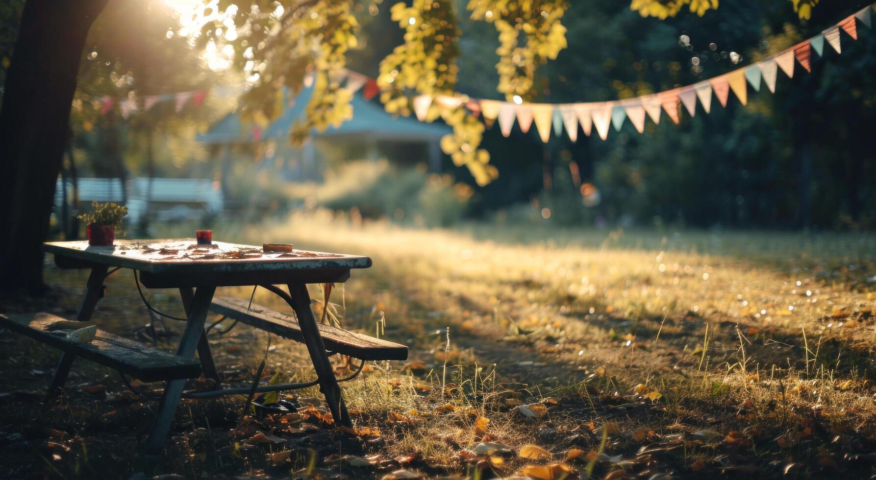 ai generiert ein leeren Raum im das Park mit ein Tabelle und etwas Ammer foto