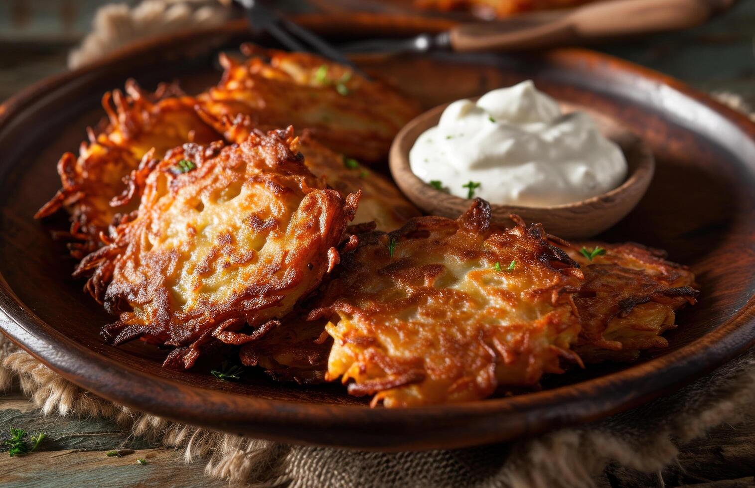 ai generiert hausgemacht latkes mit ein Klacks von sauer Sahne und ein tauchen foto