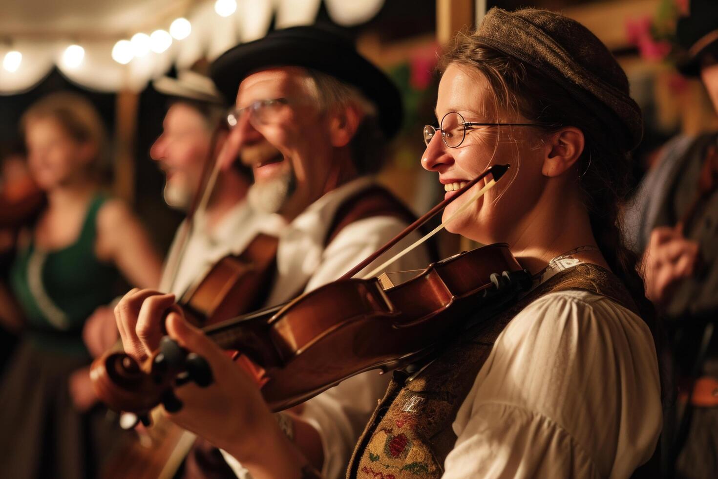 ai generiert Menschen lächelnd während spielen Lieder beim ein traditionell Deutsche tanzen, foto
