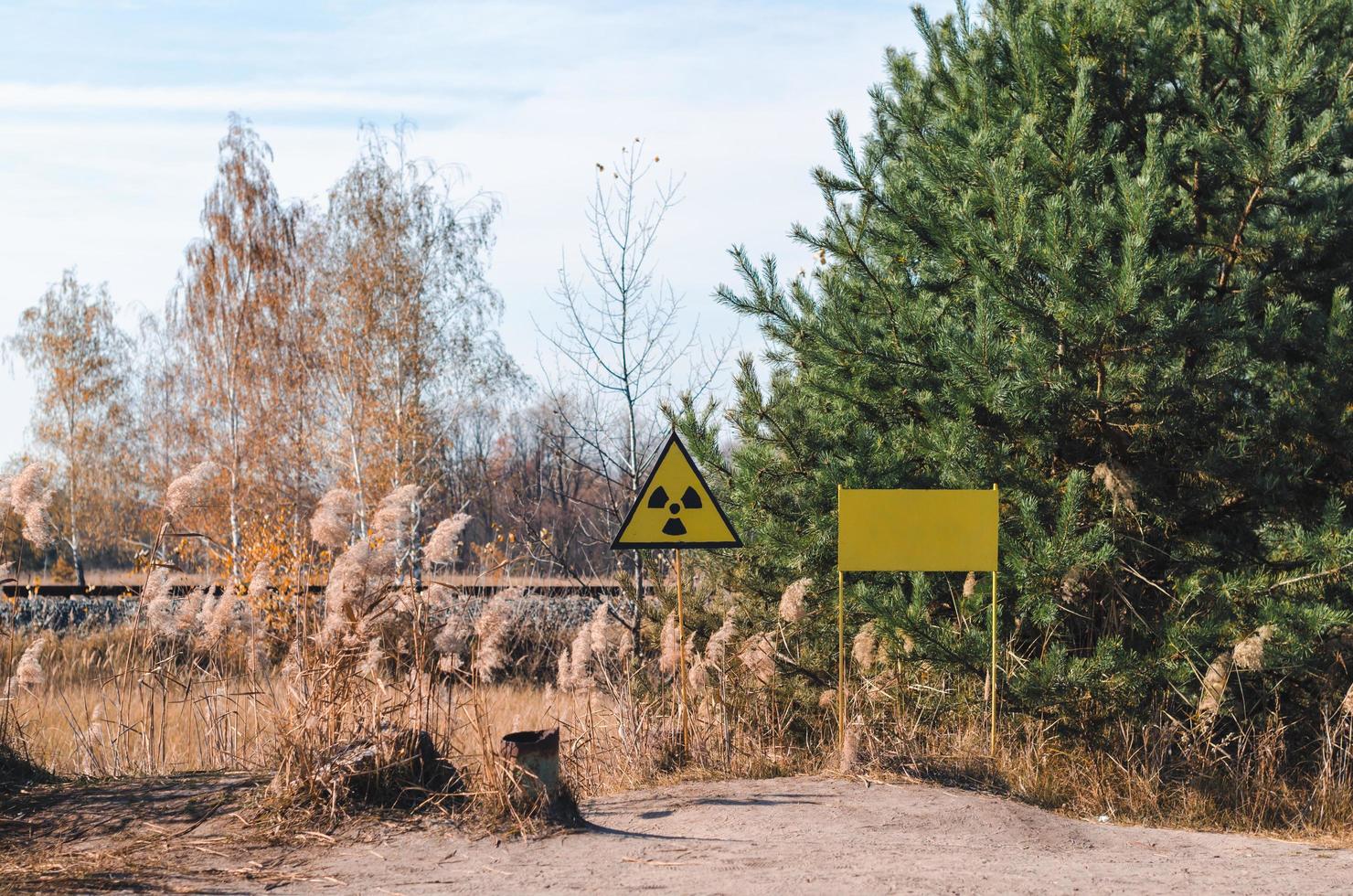 Pripyat, Ukraine, 2021 - Zeichen für radioaktive Kontamination in einem Wald in Tschernobyl? foto