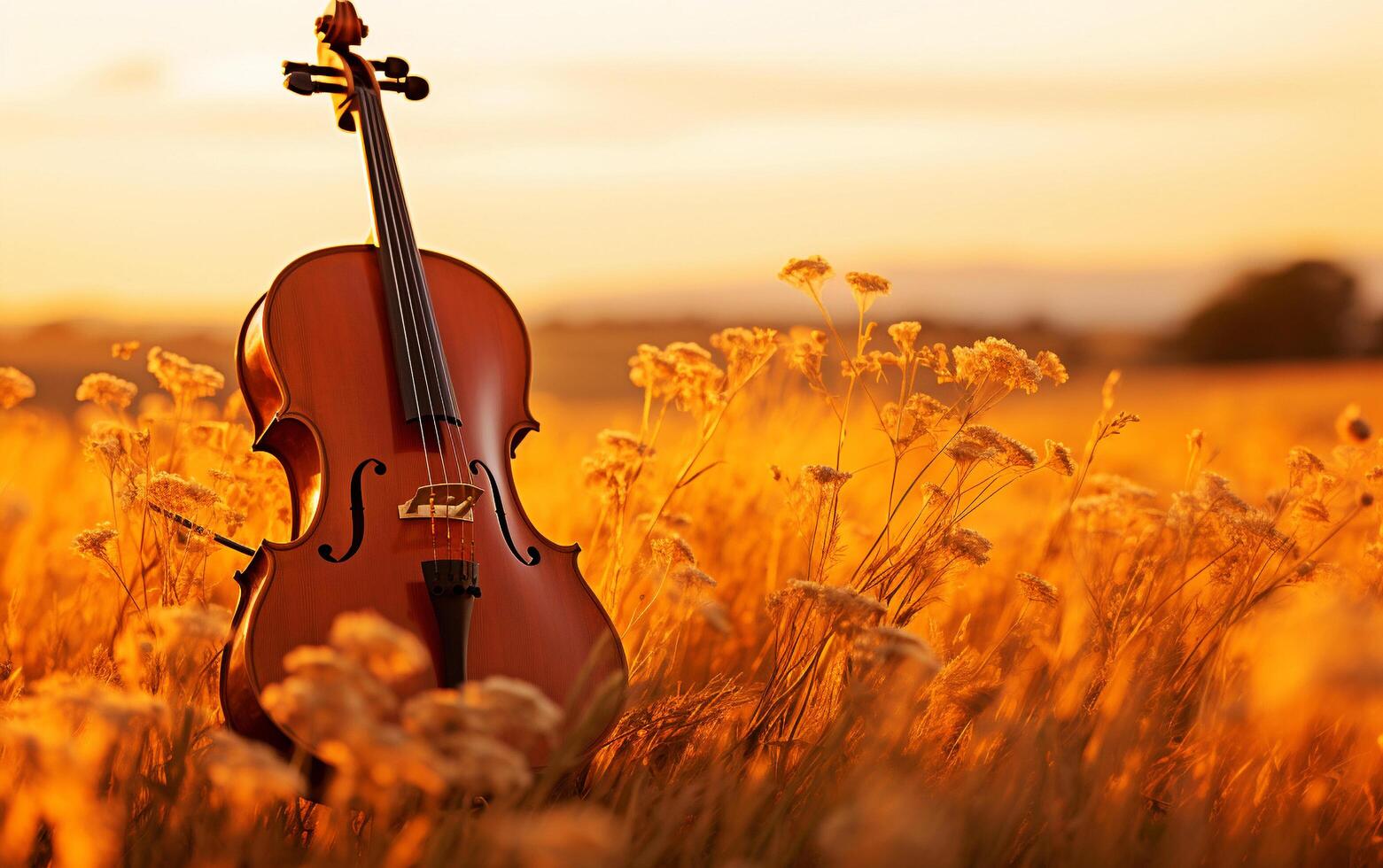 Harmonie enthüllt ein einsam Cello im Sonnenuntergang Umarmung foto