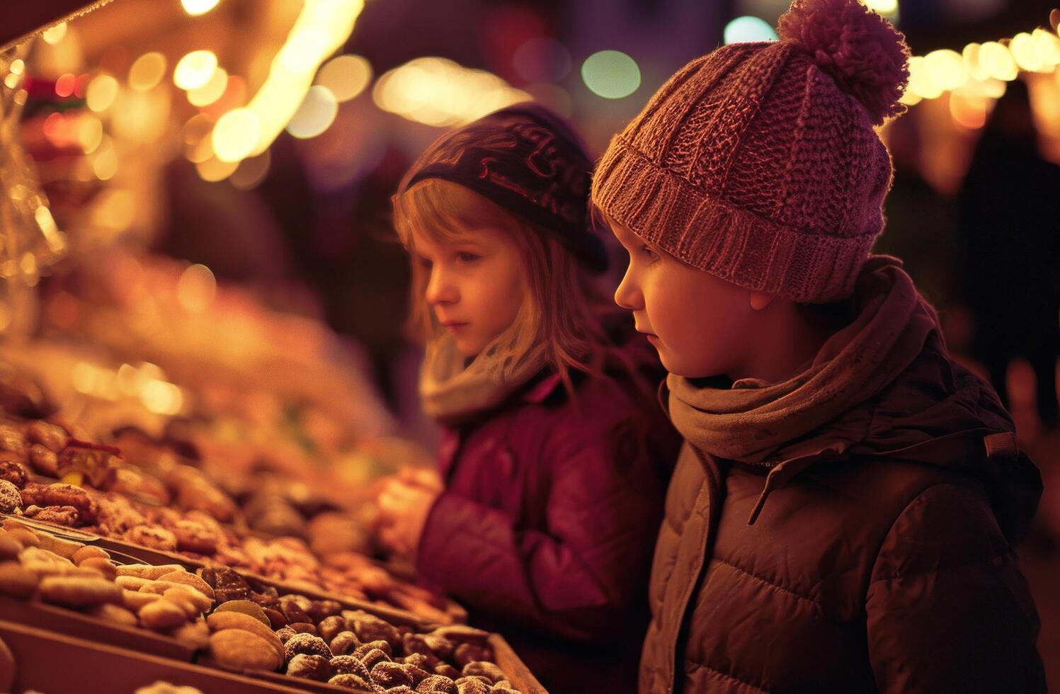 ai generiert zwei Kinder suchen beim hausgemacht Snacks beim das Weihnachten Markt foto