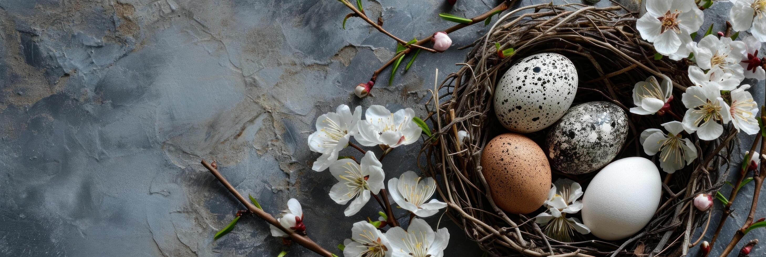 ai generiert Eier und Ei Nest im ein Nest von Blumen auf Stahl Teller foto