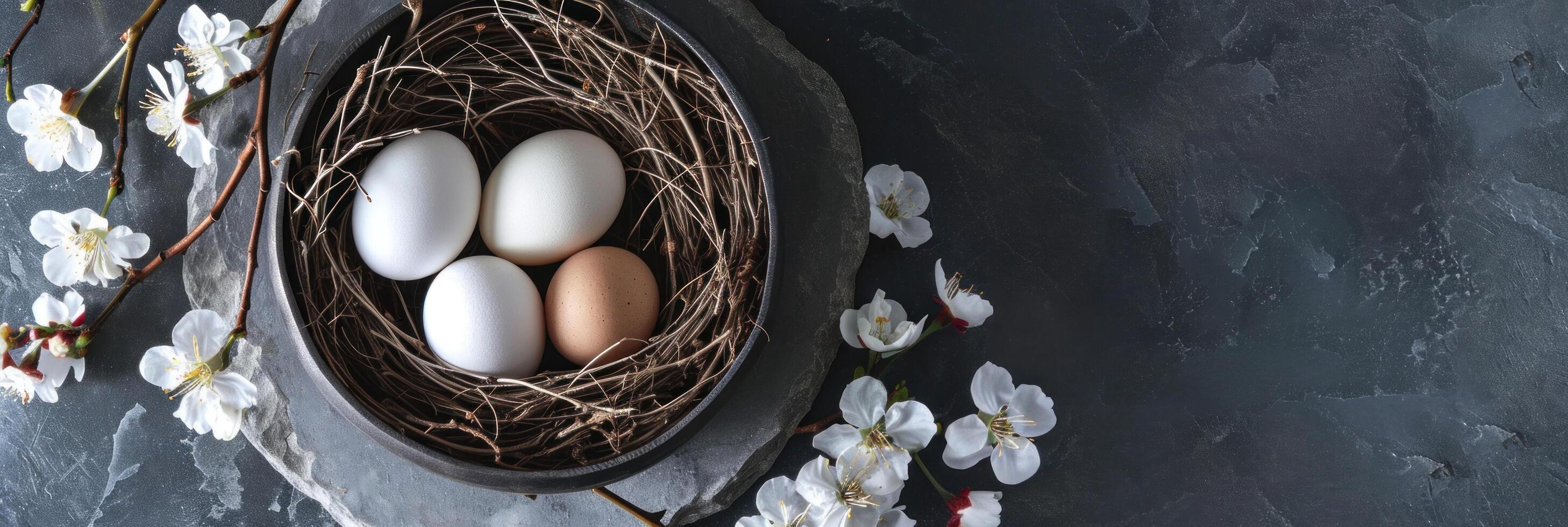 ai generiert Eier und Ei Nest im ein Nest von Blumen auf Stahl Teller foto