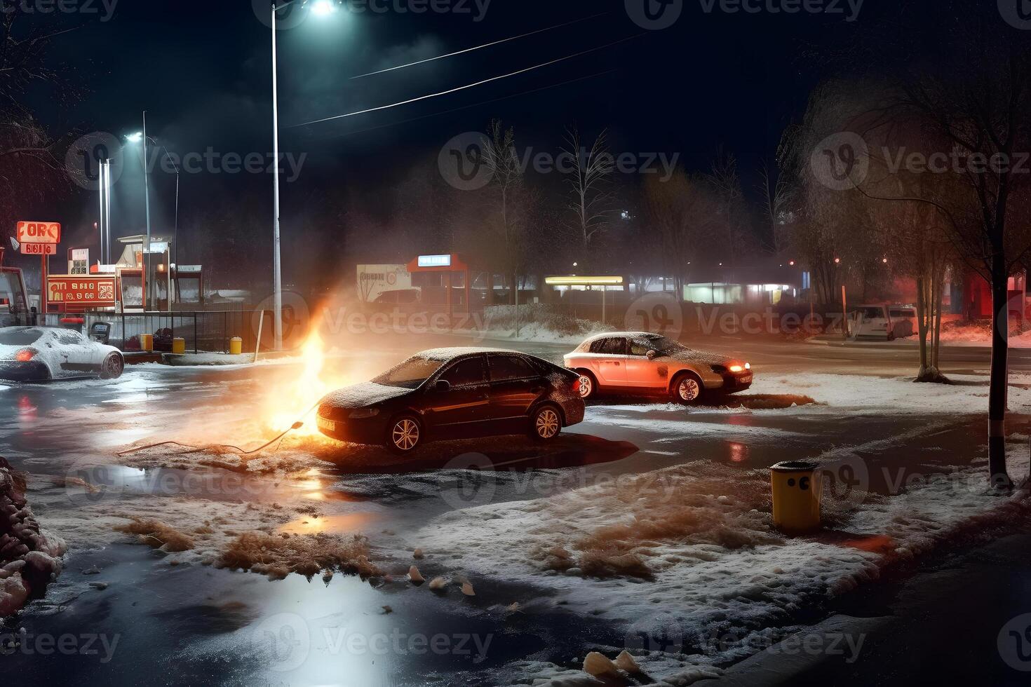 ai generiert ein Auto ist auf Feuer im ein Parkplatz Menge beim schneebedeckt Winter Nacht, neural Netzwerk generiert Bild foto