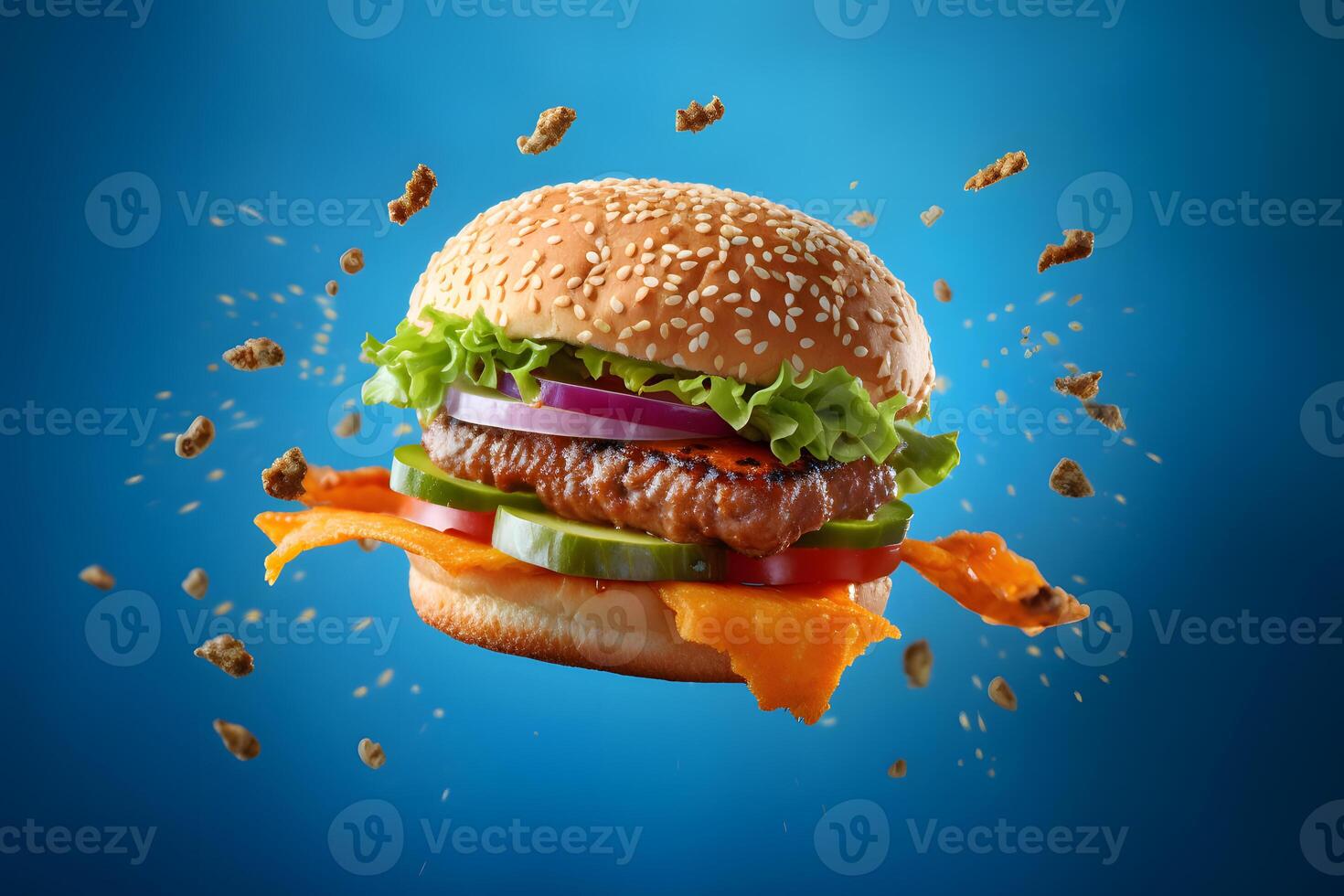 ai generiert Hamburger fliegend auf Blau Hintergrund, neural Netzwerk generiert fotorealistisch Bild foto