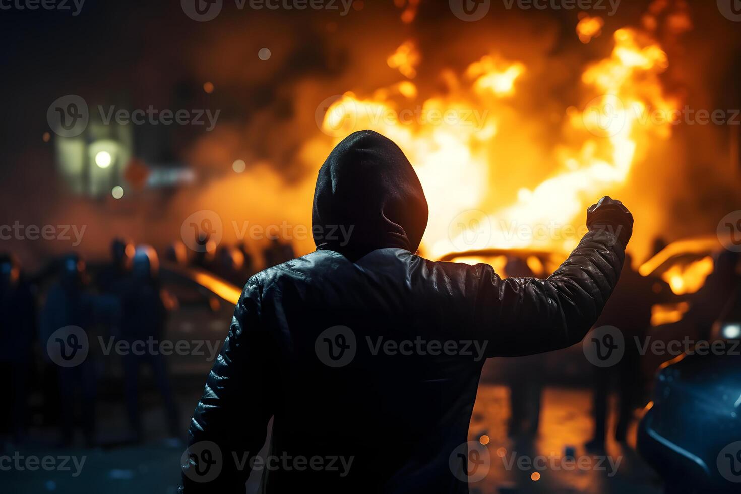 ai generiert Straße randalieren im Stadt mit Demonstranten und Verbrennung Autos, neural Netzwerk generiert fotorealistisch Bild foto