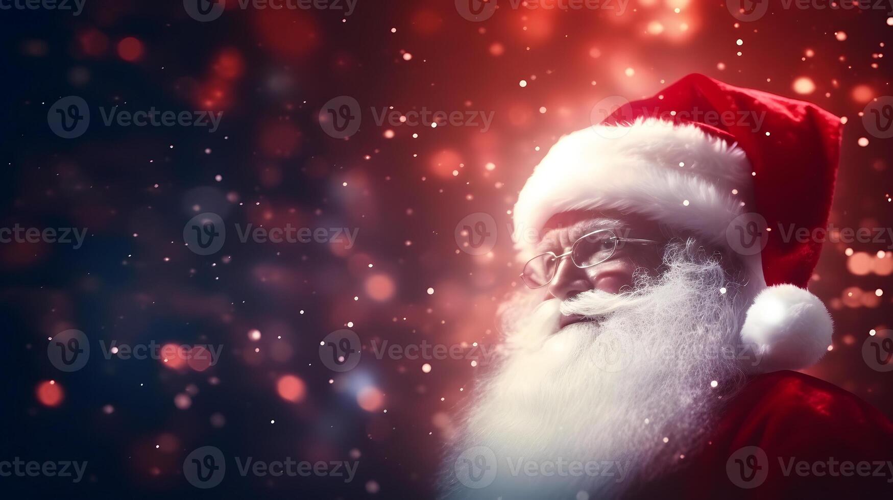 ai generiert Santa claus Gesicht Nahansicht mit defokussiert funkeln Bokeh Kopieren Raum Hintergrund, neural Netzwerk generiert Bild foto