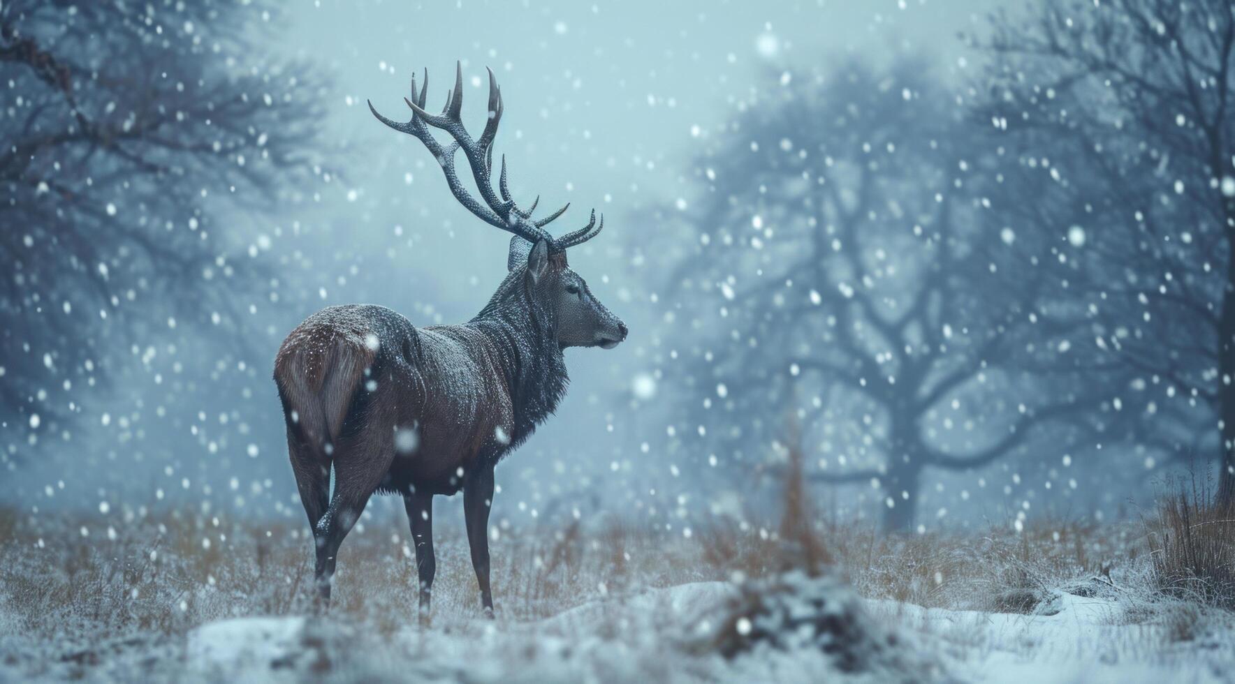 ai generiert ein Hirsch mit ein enorm Gestell Stehen im ein schön Schnee Sturm foto