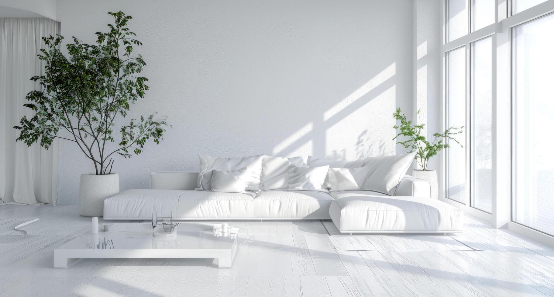 ai generiert minimalistisch Weiß Leben Zimmer mit Pflanze foto