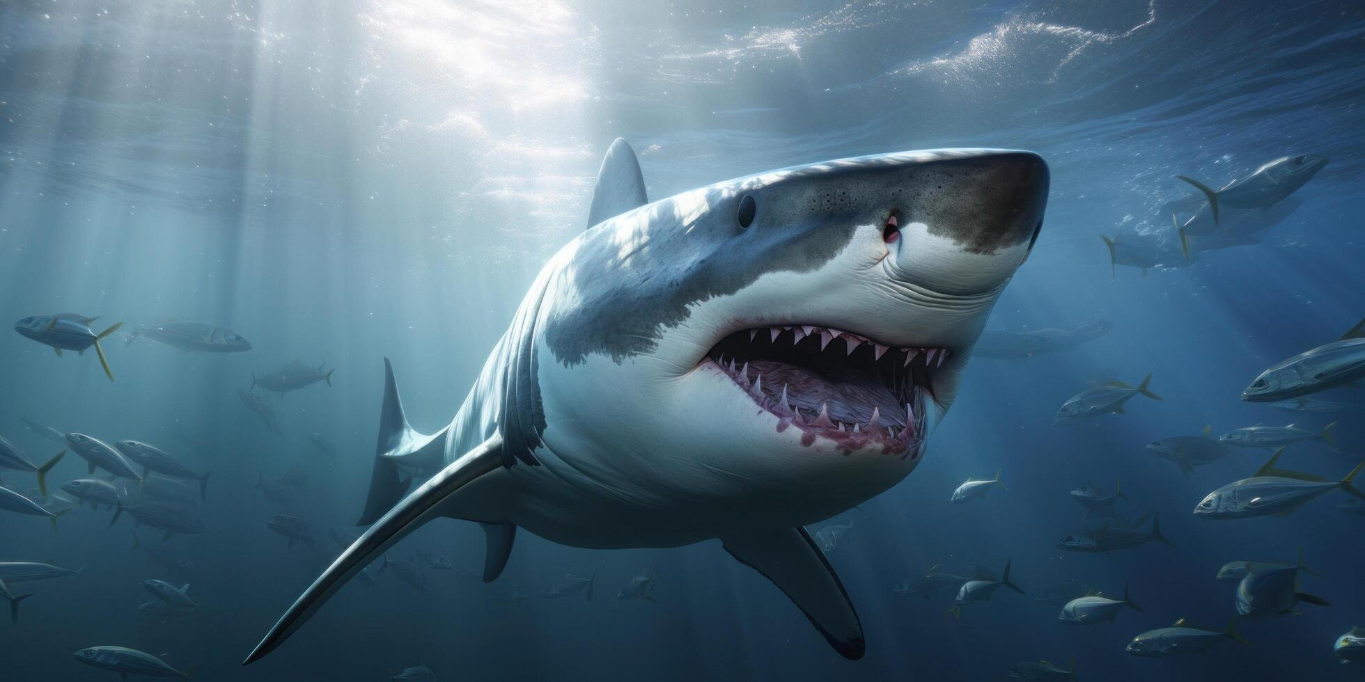 ai generiert ein Weiß großartig Weiß Hai ist zeigen es ist Zähne unter Wasser foto