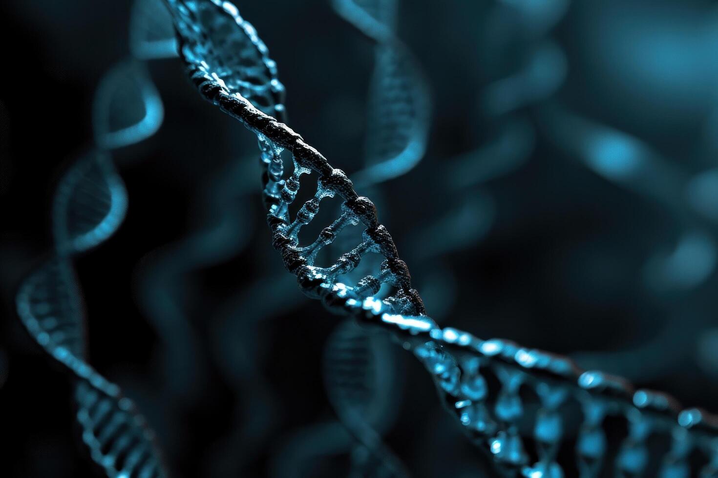 ai generiert ein DNA Strand steigend über ein dunkel Hintergrund foto