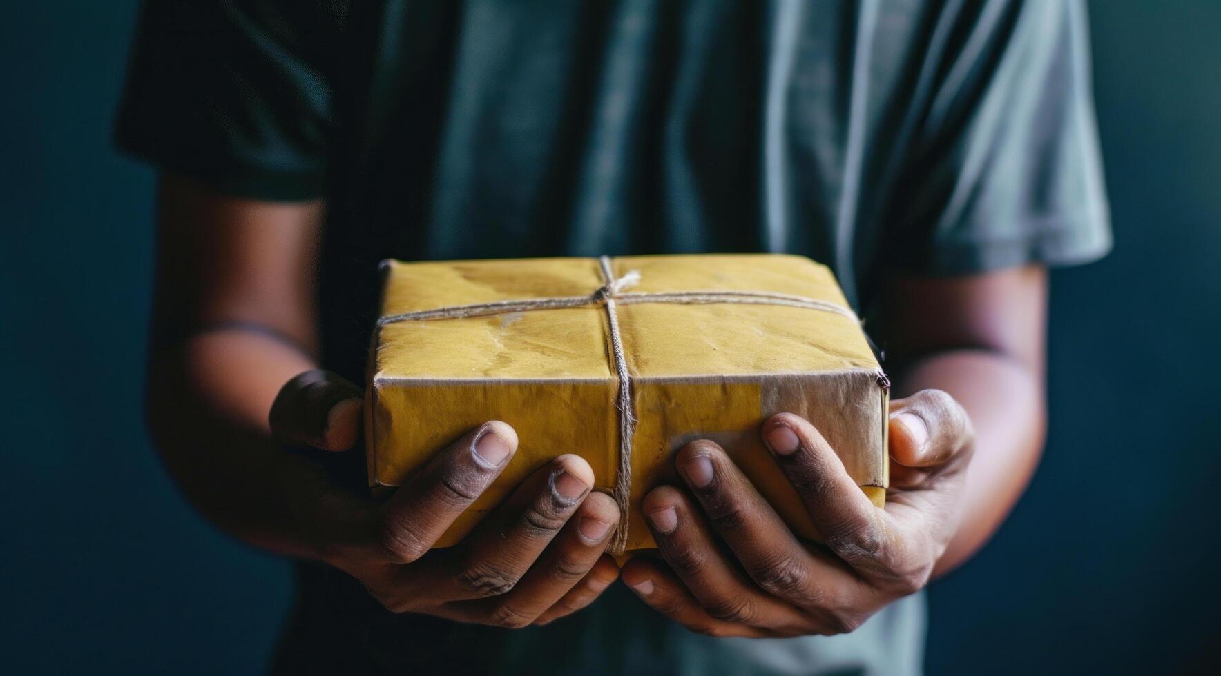 ai generiert ein Mann halt ein Lieferung Paket auf ihr Hände foto